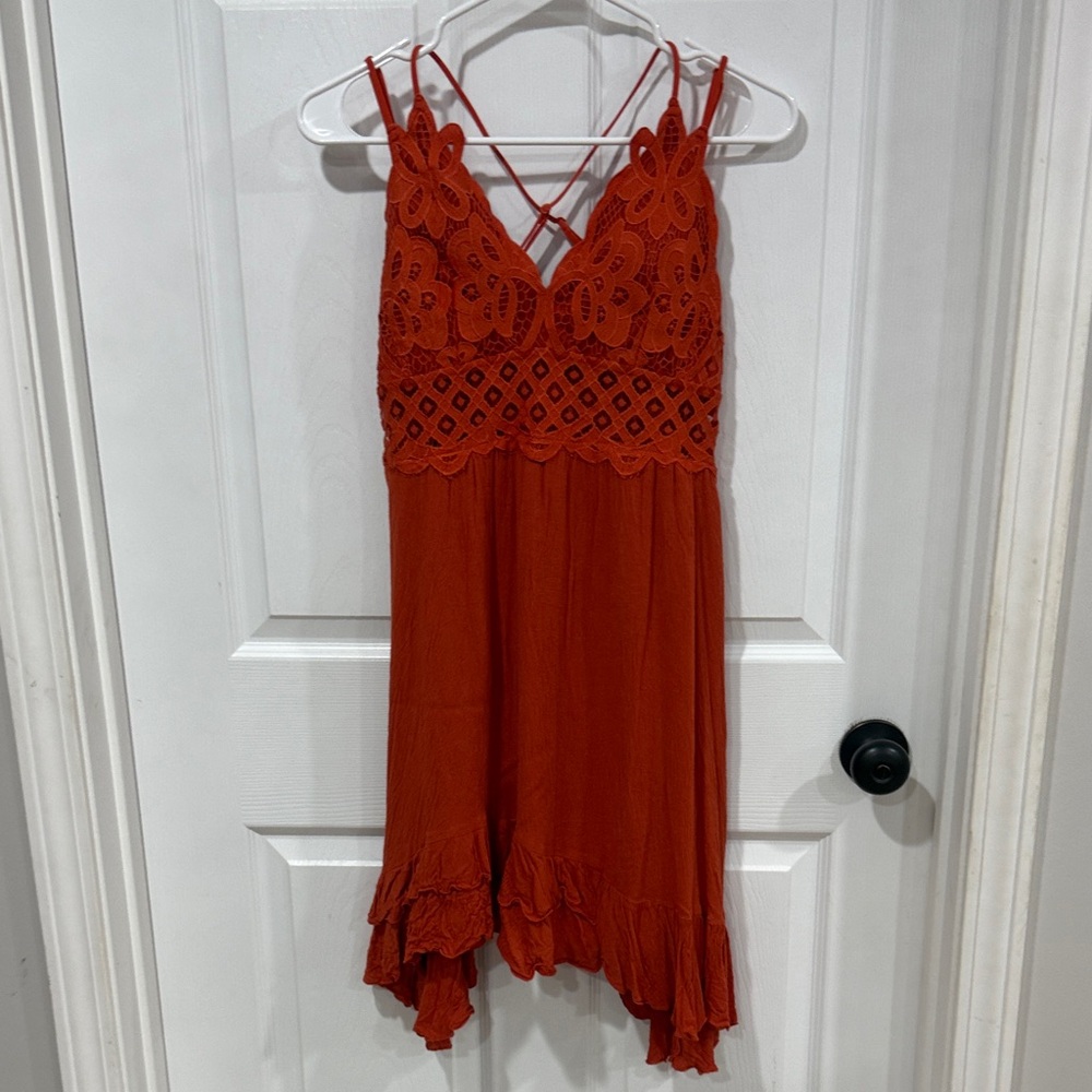 Chic Lace Detail Mini Dress in Rust